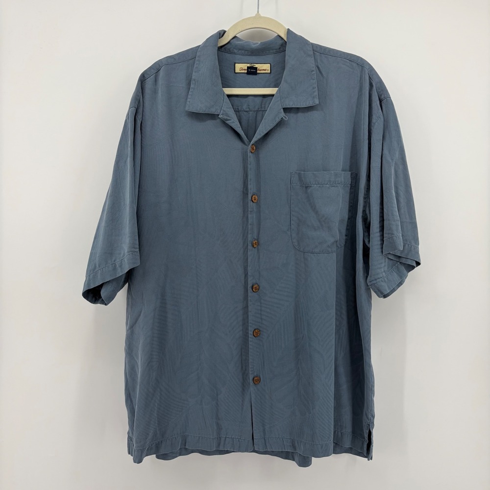 Tommy Bahama Mens XL Blue Silk Button Down Shirt‎ Tonal Palm Leaf Jacquard Camp